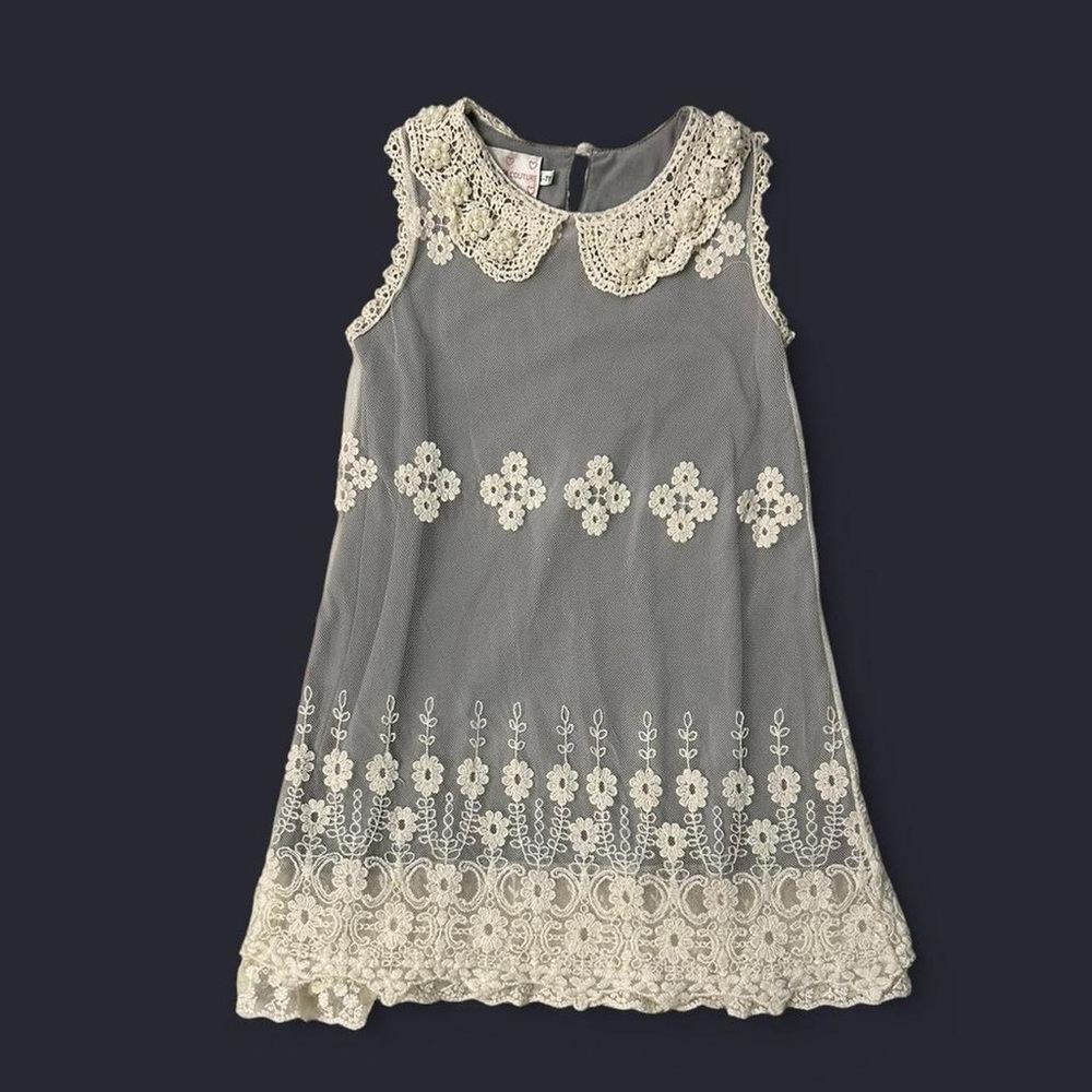 Cream Tiered Crochet Lace Dress w Beaded Flower Neckline by Blossom Couture